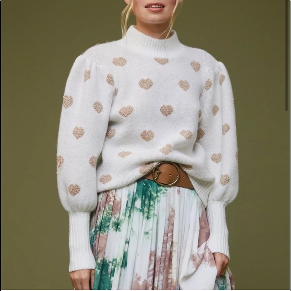 Anthropologie Sweaters - Anthropologie Hearts High Neck Sweater M Ivory Gold puff sleeve Valentines Day
